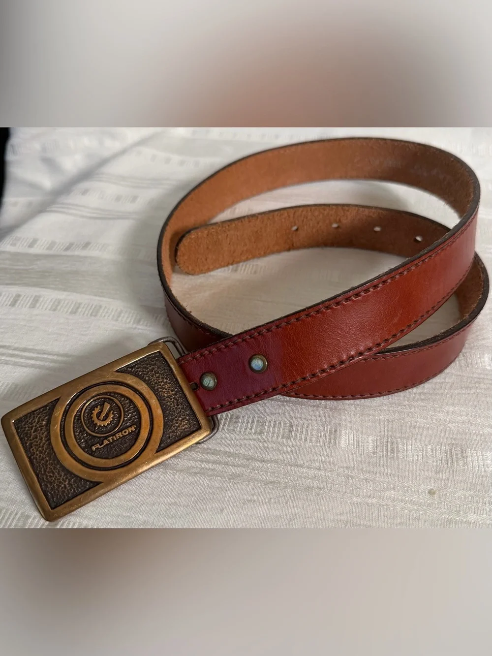 Vintage Flatiron Saddle Leather Belt Brown USA Made Brass Buckle Size 34